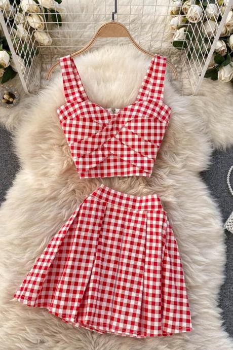 Women Vintage Skirt Two Piece Set Plaid Sleeveless Tops A-line Mini Skirt Female Suits