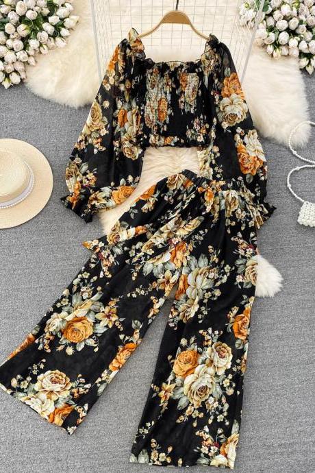 Women Elegant Floral 2 Pieces Set Vintage Crop Tops Wide-leg Pantsuit Fashion Beach Holiday Party Female Outfits