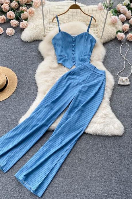 Women Casual Vacation Pants Set Sexy Spaghetti Strap Tops & High Waist Long Pants Two Piece Suits