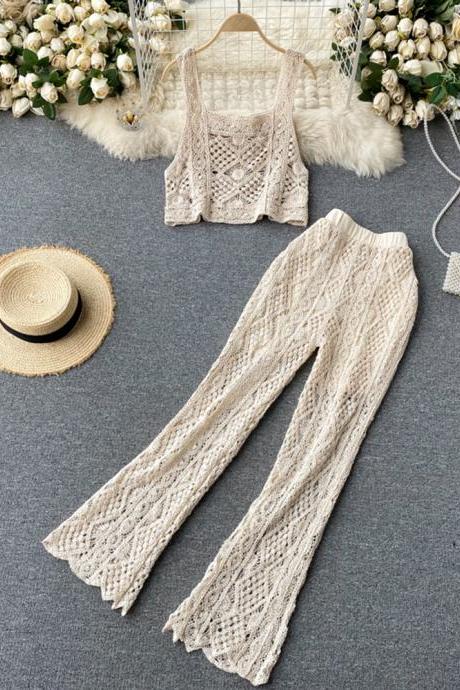 Women Sexy Sleeveless Hollow Out Knitted Short Strap Tops Long Flare Pants Two Piece Suits Beach Clothing