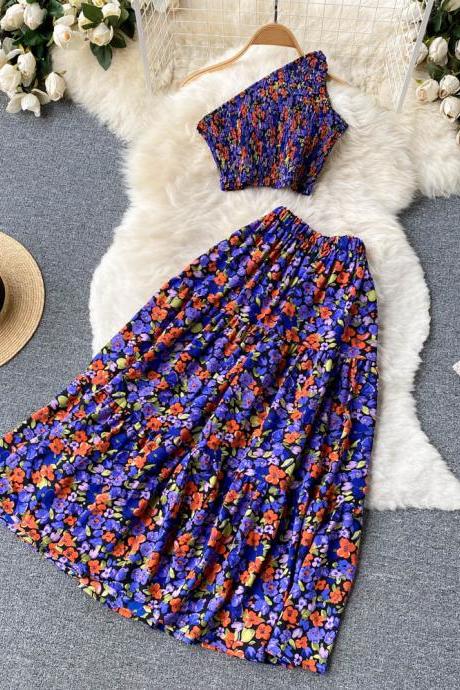 Women Casual Floral Skirt Sets Sexy Tank Tops &amp;amp; Long Print Long Skirt Female Holiday Two Piece Set