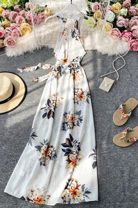 Vintage Women Floral Dress Sleeveless Elegant Casual A-line Beach Holiday Vestidos Female Robe