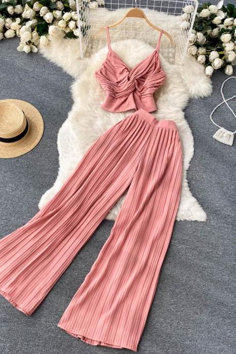 Women Holiday Pants Suit Female Spaghetti Strap Tops &amp;amp;amp; High Waist Long Pants Two Piece Set
