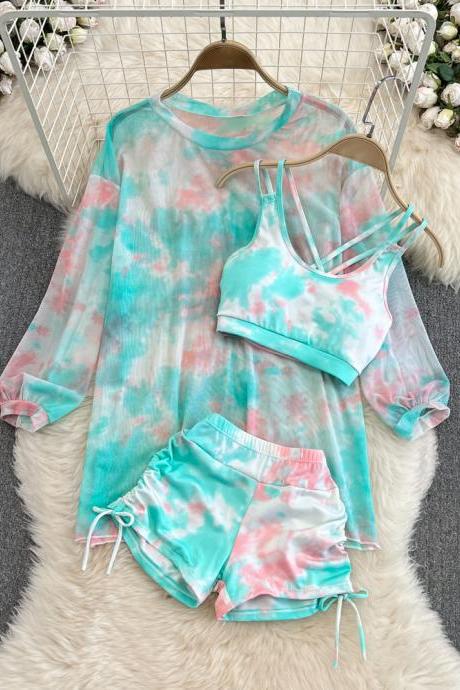 Women Fashion Elegant Tie-dye Tracksuit Casual Shirts Blouse Crop Tank Tops And Shorts Pants 3 Pieces Female Outfits