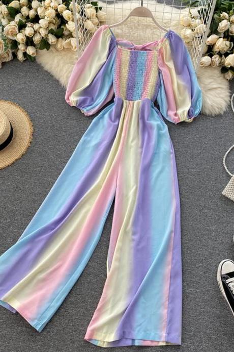 Women Vacation Beach Rompers Female Puff Sleeve Elastic Ruched Loose Casual Print Jumpsuits