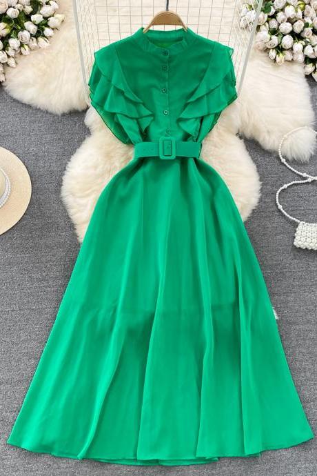 Women Chic Fashion Ruffle Midi Dress Vintage Casual A-line Solid Beach Holiday Vestidos With Belted Female Robe Mujers