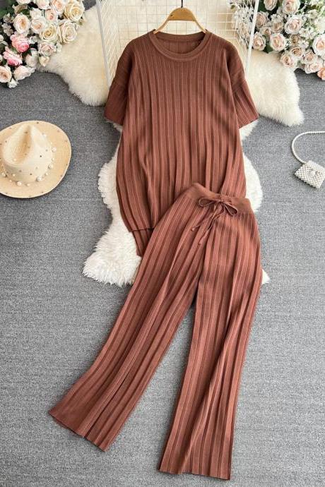 Women Fashion Casual Knitted Pantsuit Vintage Pullover Shirts Top Straight Pantalons 2 Pieces Female Chic Solid Tracksuit