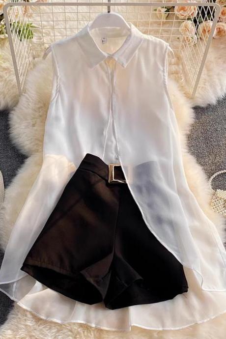 Fashion Women Elegant Casual Shorts Suit Sleeveless Business Shirts Tops And Pants 2 Pieces Female Chic Party Outfits