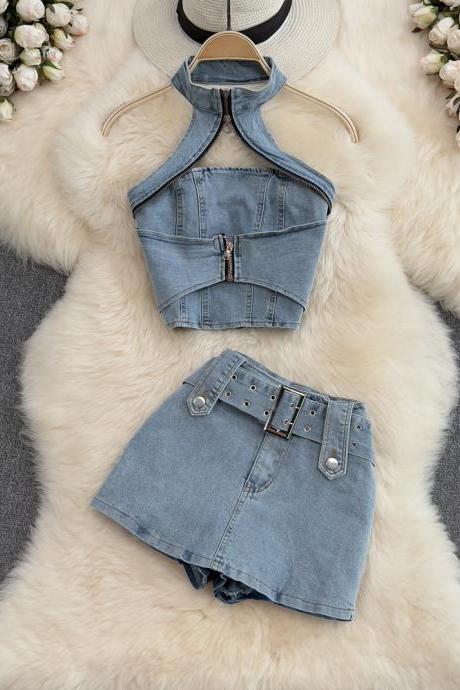 Women Backless Sexy Denim Shorts Skirts Suit Fashion Elegant And Chic Jeans 2 Pieces Set Female Outfits