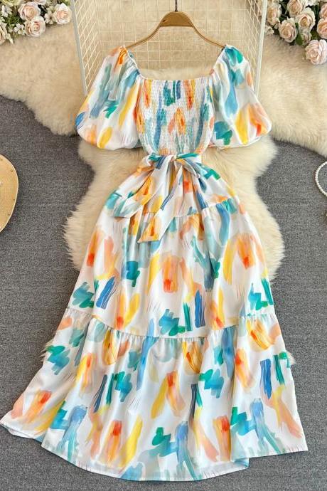 Vintage Sweet Floral Midi Dress Women Elegant Casual A-line One Pieces Party Birthday Vestidos Female Chic Robe