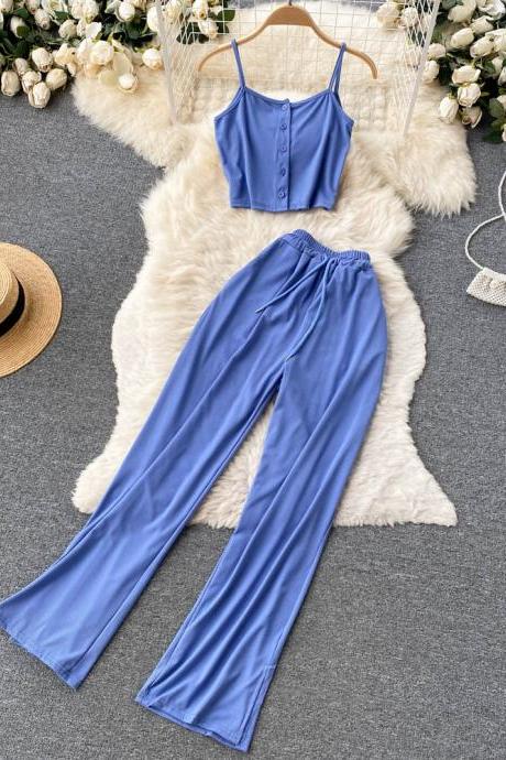Women Fashion Casual Pants Set Sexy Sleeveless Short Tops & High Waist Pants Female Two Piece Suit