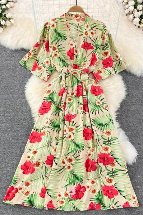 Women Floral Print Casual Elegant Midi Dress Fashion Vintage A-line Beach Holiday Vestidos Femme Clothes Robe