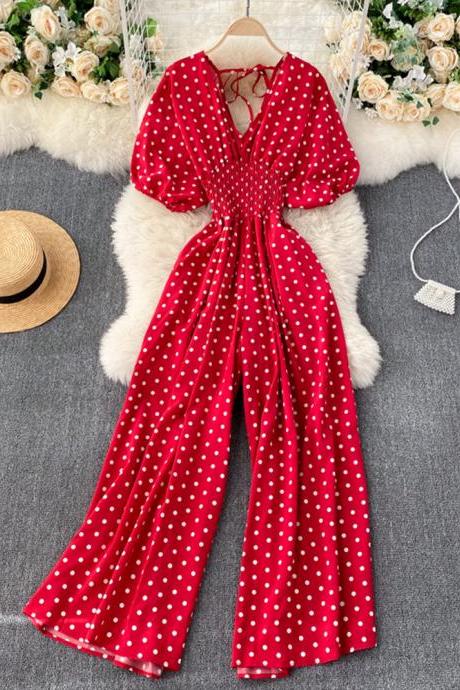 Women Fashion Casual Polka Dot Romper V-neck Puff Short Sleeve Jumpsuit Female Holiday Wide Leg Playsuits