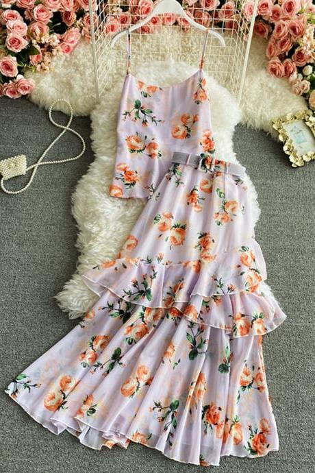 Women Floral Printed Two Piece Set Spaghetti Strap Tops &amp;amp; Ruffle High Waist Long Skirt Beach Suit Fashion