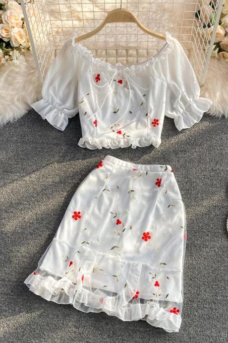 Women Sweet Skirt Set Short Top & High Elastic Waist Mini Skirt Patchwork Female Casual 2pcs Sets Suit