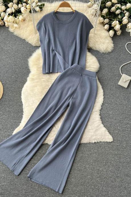 Knitted Women Pants Sets Solid Sleeveless Tops & Elastic Waist Wide Leg Pants Two Piece Set