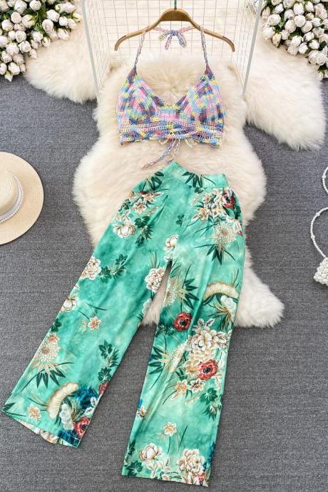 Women Floral Casual Elegant 2 Pieces Sleeveless Tanks Tops Wide-leg Pantalon Suit Female Fashion Beach Pantsuit