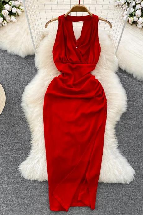Vintage Women Sexy Bodycon Slim Midi Dress Sleeveless Casual Elegant Vestidos Female Fashion One Pieces Robe