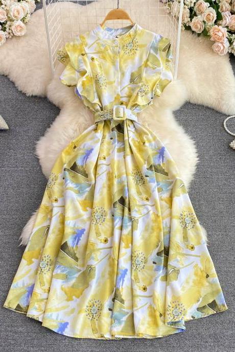 Women Floral Casual Midi Dress Sleeveless Slim A-Line Holiday Vestidos With Belted Female Party Robe