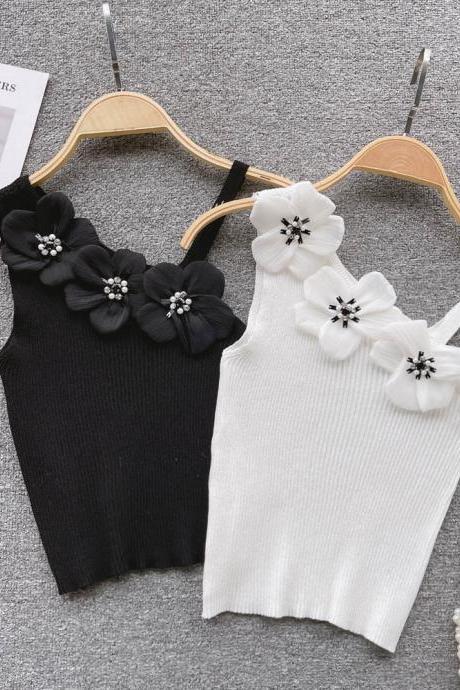 Flower Design Camisole Women Irregular Elegant Strap Fashion Off Shoulder Ladies Casual Knit Tank Tops
