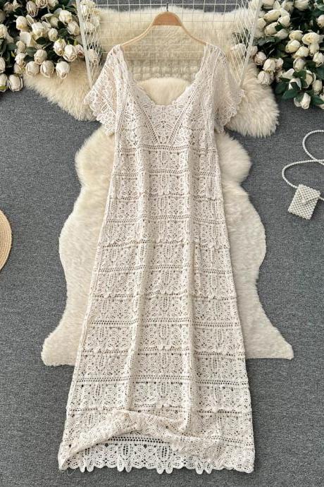 Loose Knit Long Dress Women V Neck Solid Hollow Out Design Retro Fashion Ladies Casual Beach Dresses