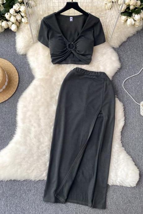 Fashion Two Piece Sets Women V Neck Crop Top Split Elastic Waist Long Skirt Sexy Club Slim Streetwear Suit