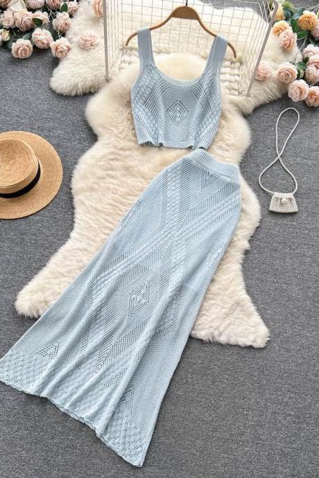 Matching Knit Set Women Camisole Elastic Waist Long Skirt Solid Fashion Hollow Out Vacation Beach Suits