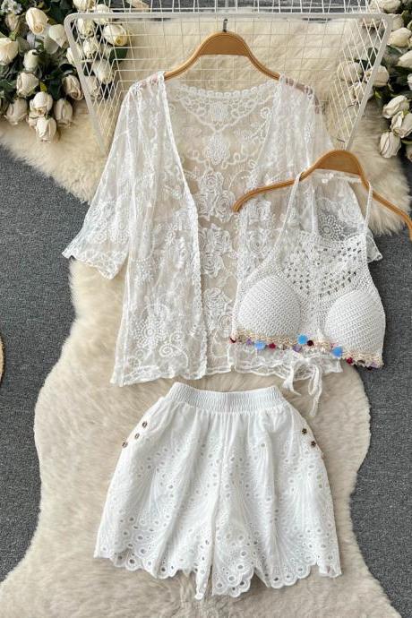 Knit Three Piece Sunscreen Sets Women Lace Cardigan Backless Camisole Elastic Waist Shorts Beach Style Suits