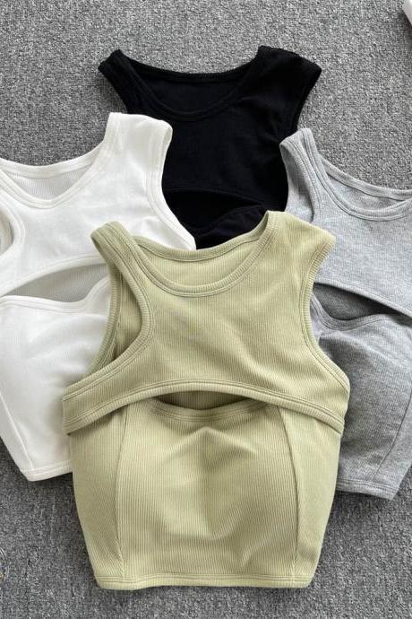 Solid Women Chest Pad Tops Sleeveless Chic Hollow Out Design O Neck Fashion Casual Ladies Irregular Tank Top