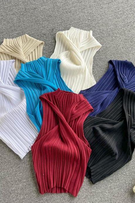 Solid Irregular Tank Tops Women Ruched Design Fashion Elastic Waist Ladies Knit Slim Sleeveless Casual Tops