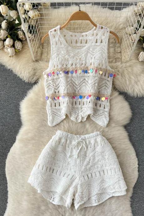 Sequins Design Knit Two Piece Sets Women O Neck Sleeveless Tank Tops Elastic Waist Shorts Loose Hollow Out Suits