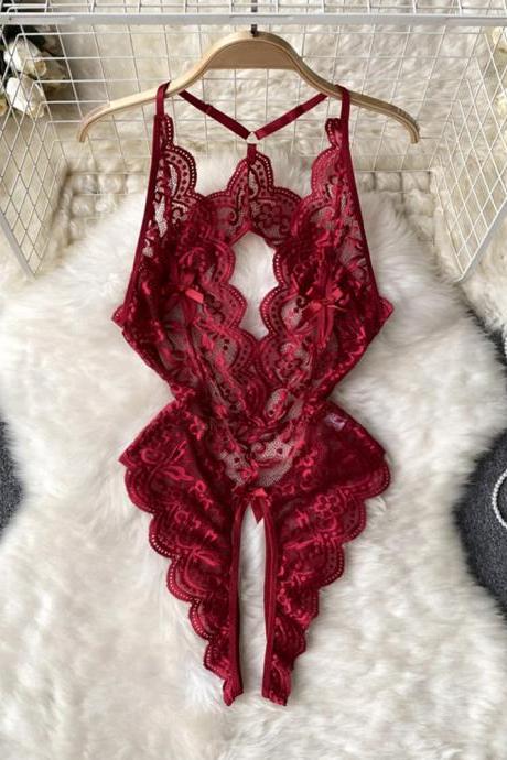 Irregular Lace Sexy Rompers Women Backless Hollow Out Transparent Ladies Slim Open Crotch Jumpsuit