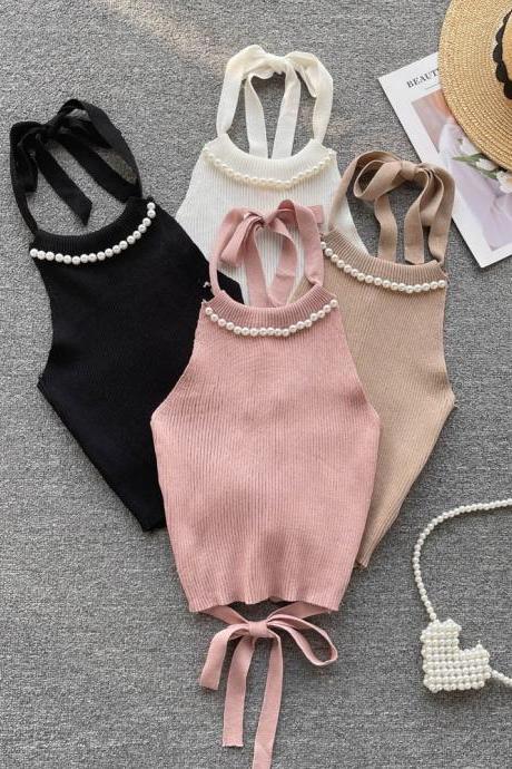 Beading Sleeveless Knit Camisole Women Fashion Backless Short Tops Ladies Casual Slim Crop Tops
