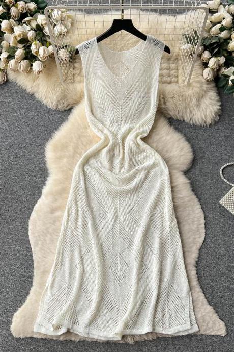 Sleeveless Casual Knit Dress Women White O Neck Hollow Out Design Fashion Ladies Split Long Dresses
