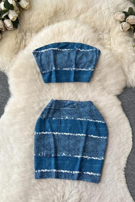 Denim Two Piece Sets Women High Street Fashion Retro Strapless Crop Tops Mini Skirt Elegant Streetwear Suits