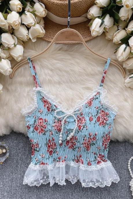 Patchwork Lace Beading Camisole Women Backless Floral Print Bra Elegant Fashion Ladies Casual Sexy Tank Top