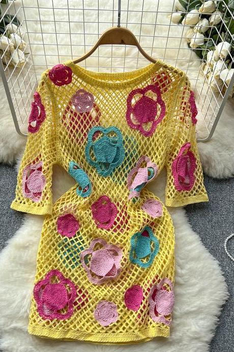 Knit Patchwork Dress Women Hook Hollow Out Design O Neck Elastic Waist Ladies Vacation Beach Mini Dresses