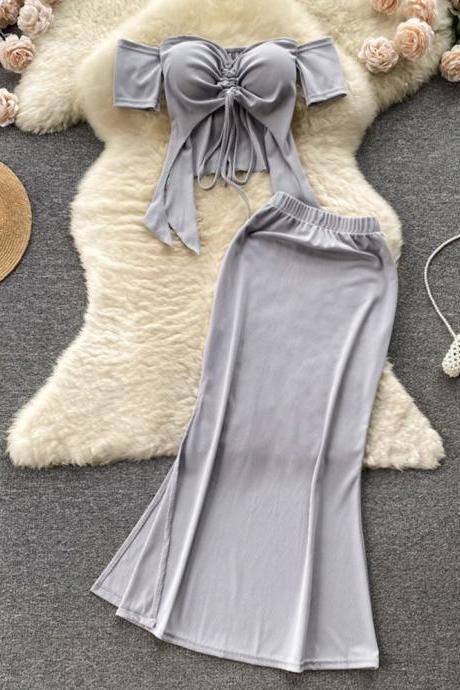 Knit Two Piece Sets Women Irregular Drawstring Strapless Top Elastic Waist Long Skirt Casual Sexy Suit