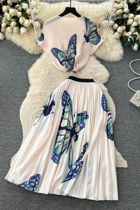 Fashion Print Two Piece Sets Women Loose O Neck Top Elastic Waist Pleated Long Skirt Elegant Chic Suit