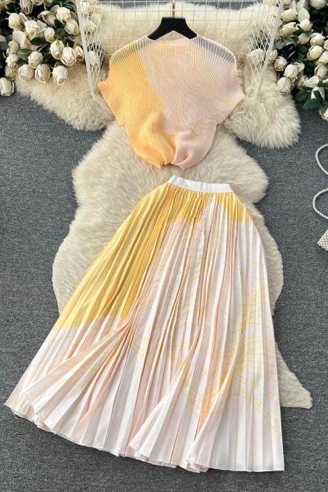 Fashion Print Two Piece Sets Women Loose O Neck Top Elastic Waist Pleated Long Skirt Elegant Chic Suit