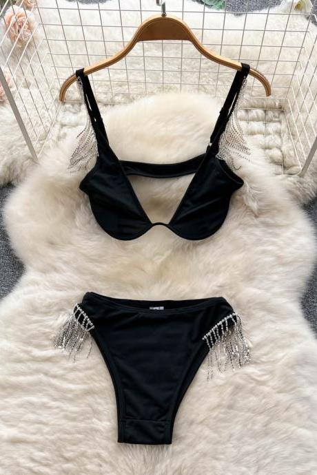 Tassel Black Matching Set Backless Vacation Beading Sexy Shorts Ladies Fashion Beach Style Suits