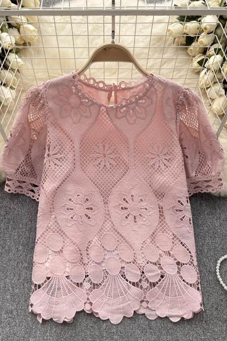 Fashion Lace Blouse Women Hollow Out Retro Casual Elegant Ladies Vacation Chic Shirt