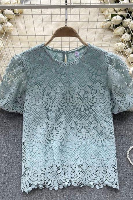 Lace T Shirt Solid Women Loose O Neck Hollow Out Design Hook Fashion Ladies Casual Elegant Blouse