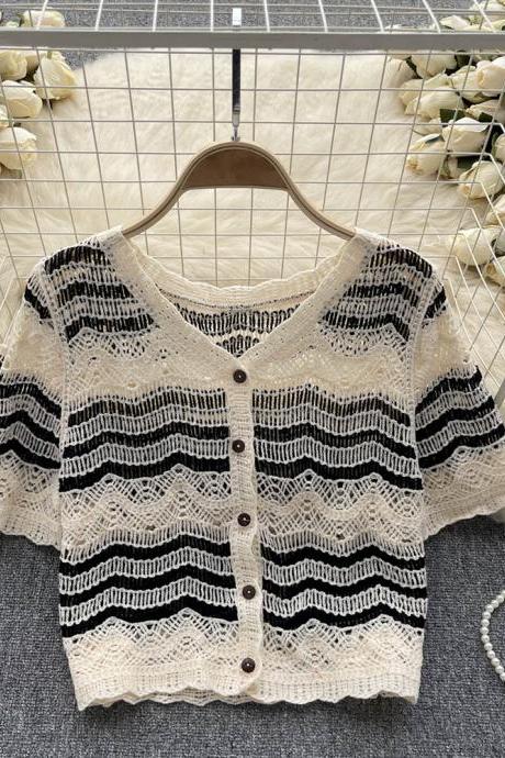 Casual Knit Cardigan Women O Neck Striped Elegant Hollow Out Design Ladies Vacation Beach Style Shirt