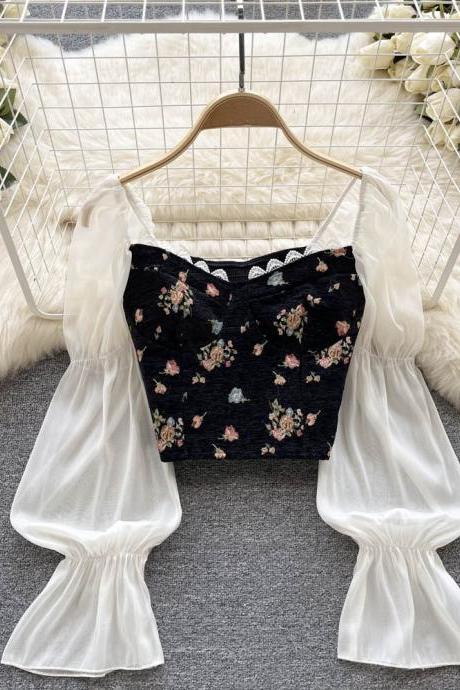 Floral Print Blouse Women Court Patchwork Flare Sleeve Elastic Waist Spring Style Female Backless Short Tops