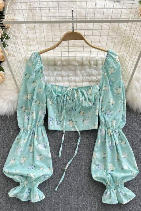 Floral Blouse Women Sexy Off Shoulder Floral Shirt Fashion Back Female Lantern Sleeves Corset Print Tops