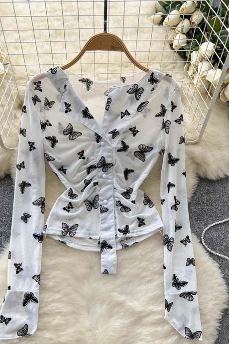 Butterfly Print Blouse Long Sleeve V Neck Slim Vacation Ladies High Street Fashion Casual Shirt