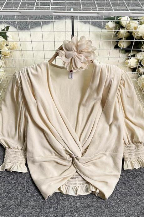 Ruffle Irregular Casual Shirt Women V Neck Elastic Waist Flower Design Fashion Ladies Casual Short Blouse