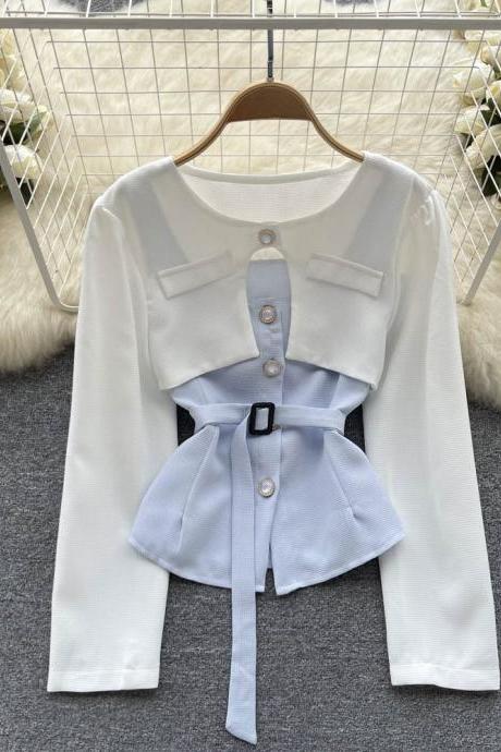 Patchwork Design Blouse Slim Women Long Sleeve O Neck Sashes Fashion Office Lady Style Chic Tops