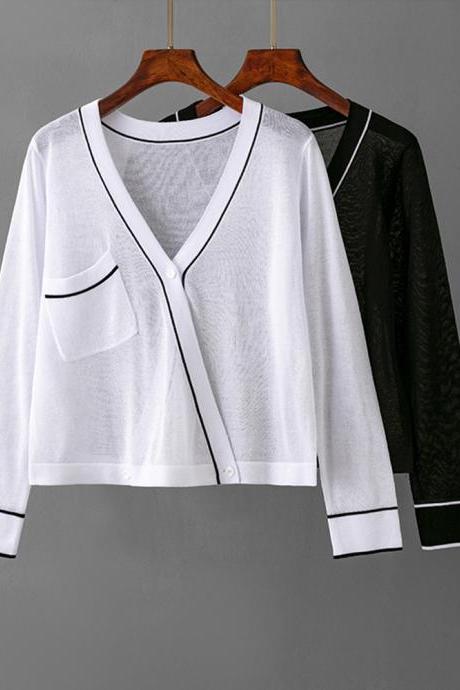 Pocket Sunscreen Knit Cardigan Women Irregular Loose Long Sleeve V Neck Button Fashion Ladies Casual Shirt